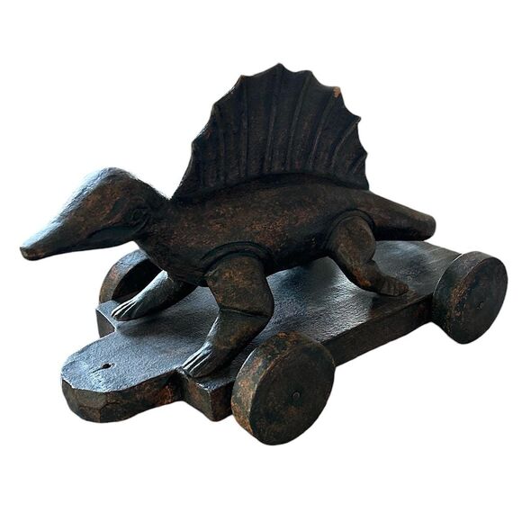 Vintage Wood Carved Black With Red Undertone Stain Dimetrodon Dinosaur On Wheels - Picture 4 of 7